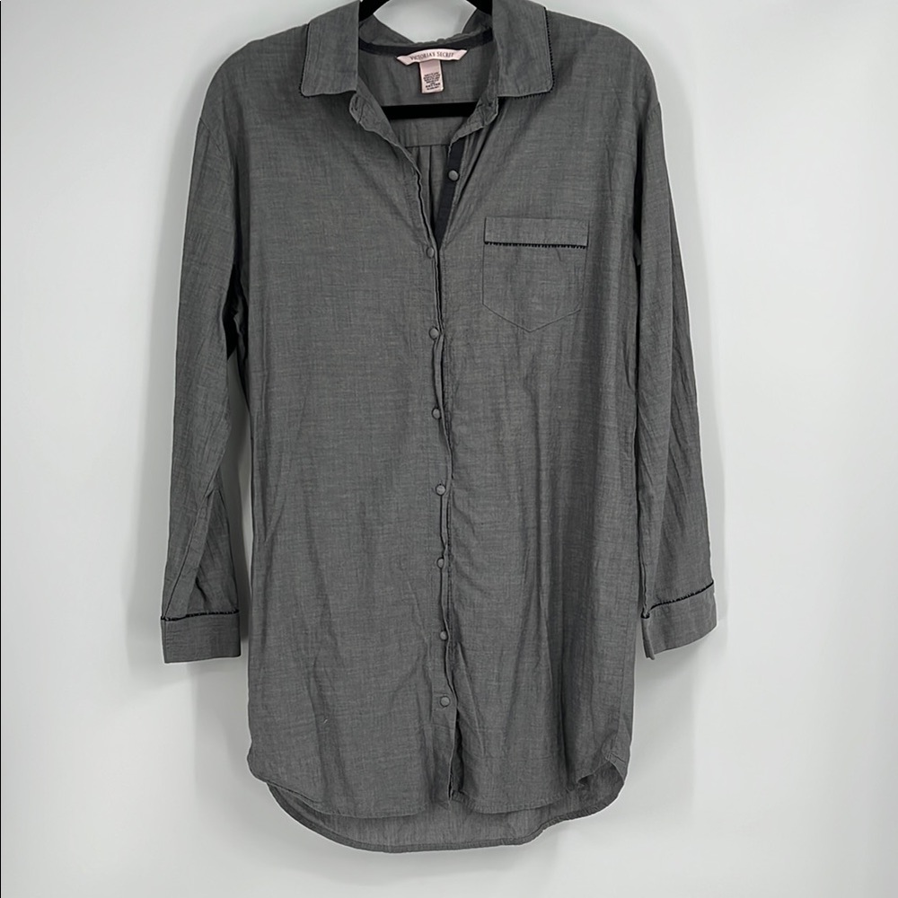 Victorias Secret Gray Button-Up Long Sleeve Shirt Dress Pajamas Size Medium